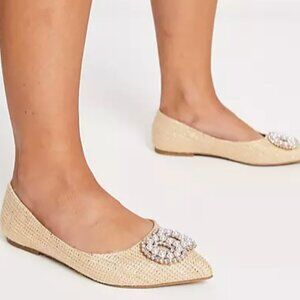 ASOS DESIGN Wide Fit Lola faux pearl pointed ballet flats in natural